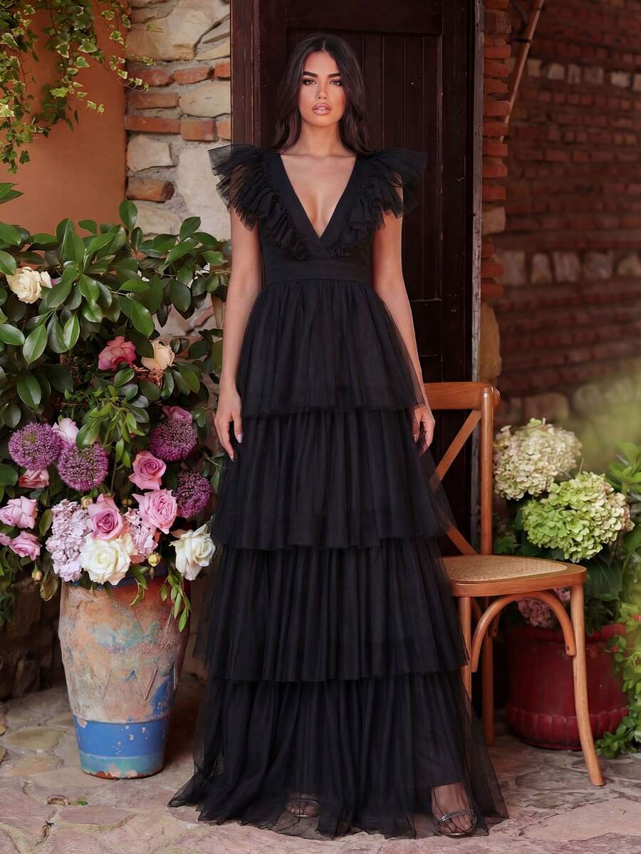 Faeriesty Elegant Black Mesh Tiered Maxi Dress With Deep V Neck Sleeveless Ruffles, Perfect For Party Or Formal Occasions Wedding Fall - Black - View 1