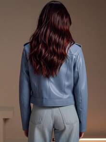 Women's Minimalist Versatile Faux Leather Short Motorcycle Jacket, Suitable For Spring And Autumn - 淺藍色 - 查看 2