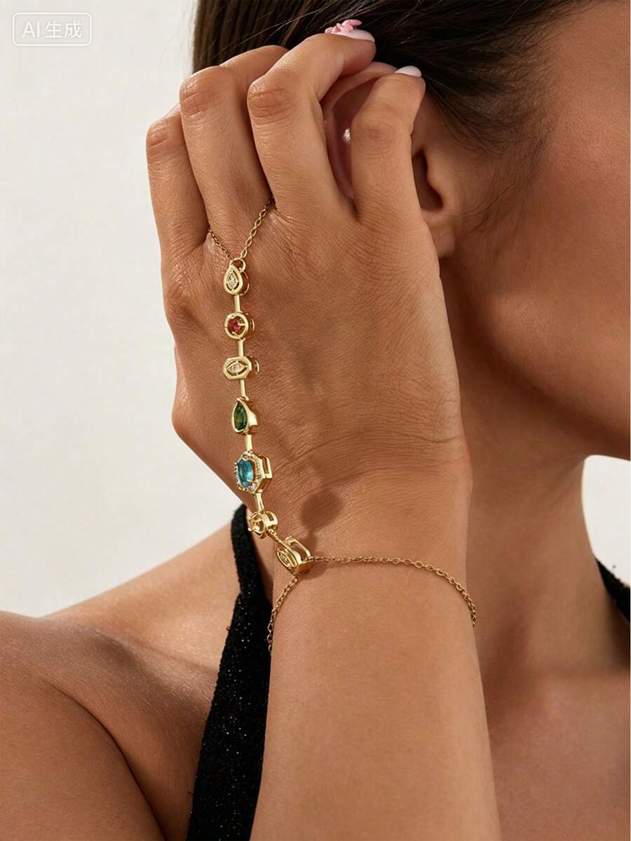 1pc European & American Luxury Style Multi-Element Colorful Gemstone Finger Bracelet, Suitable For Women's Daily Commute, Party, Ball, Atmosphere Accessory - Gold - View 1