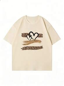 2026 Para Mujer Cotton T-shirt Casual Calidad  Camiseta Oversize Talla Grande Mujer con Estampado de Corazones y Leopardo - Ropa Casual Chic para Mujeres Camiseta Básica Unisex - Albaricoque - Ver 2