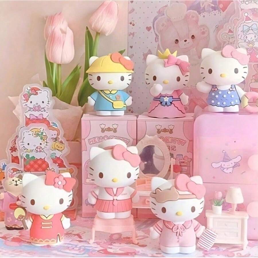 SANRIO 1个三丽鸥Hello Kitty盲盒 - 内含8个随机款式的PVC人偶，附带收藏展示架，可爱卡通卧室装饰，节日生日毕业礼物，派对礼物（无需用电），返校礼物，玩具，盲盒摆件，人偶玩具