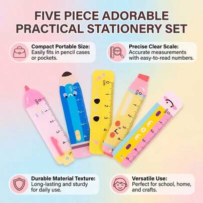 Bộ 5 thước kẻ cầm tay dễ thương, dụng cụ đo lường thiết thực được thiết kế dành cho học sinh và những người yêu thích văn phòng phẩm, đáng yêu, nhiều màu sắc, nhỏ gọn, hữu ích với tông màu be ấm áp kết hợp với các điểm nhấn màu hồng, vàng, xanh dương, món quà nhỏ lý tưởng dành cho bạn bè và người yêu.