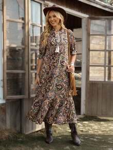 Vestido con mangas medias de estilo bohemio con estampado para mujeres, vestido largo holgado con volantes de estilo bohemio, vestido largo de mujer con estampado todo sobre, uso casual diario, primavera/otoño - Multicolor 3 - Ver 5