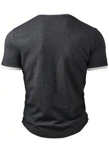 Men's Fashion Casual Ribbed Texture Fabric Colorblock V-Neck Short Sleeve Henley Shirt, Spring/Summer - Dark Grey - View 3