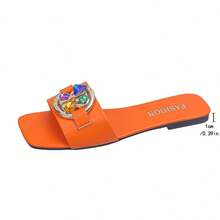 Luxury Flat Sandals With Colorful Gemstone Buckle, Suitable For Beach Vacation, Summer Holiday, Wedding & Date - Orange - View 3