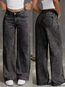 Women's Wide Leg Jeans, Graphite Color, Wide Leg, No Lycra, Premium Bell Bottom, Summer Style, Elegant And Sophisticated, Sizes 36 To 52 - 深灰色 - 查看 1