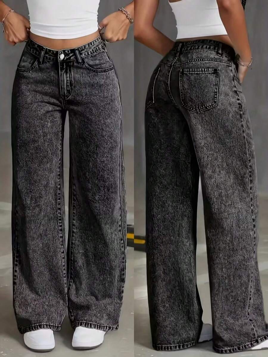 Women's Wide Leg Jeans, Graphite Color, Wide Leg, No Lycra, Premium Bell Bottom, Summer Style, Elegant And Sophisticated, Sizes 36 To 52 - 深灰色 - 查看 1