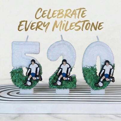  FIFA世界杯足球主题数字0-9蛋糕蜡烛，白绿草地设计，奔跑的足球运动员吊坠，生日派对，体育迷比赛庆祝烘焙蛋糕装饰