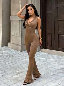Bộ jumpsuit nữ cổ chữ V viền ren, trang phục công sở, mùa hè, màu nâu, áo liền quần hàng ngày, jumpsuit thanh lịch, phù hợp cho các buổi hẹn hò, đi chơi, dự tiệc, trang phục ngoài trời. - màu nâu - Xem 3