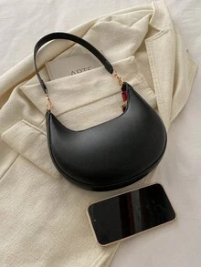 1 pieza Bolso de hombro en forma de media luna de color café con piel de PU, bolso debajo del brazo de mujer de unicolor simple de moda, para otoño/invierno - Negro 2 - Ver 5