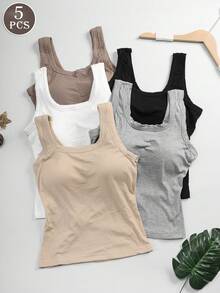 5pcs Seamless U-Back Ribbed Tank Tank Tops Women With Built-In Bras For Women, Solid Color Slim-Fit Essentials For Layering,, Exposed Shoulder Sleeveless For Spring Summer Fall Layering - Solid Color Machine-Washable, Beachwear & Casual, Summer Tops, Tank Tops - Nhiều màu - Xem 1