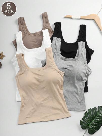 5pcs Seamless U-Back Ribbed Tank Tank Tops Women With Built-In Bras For Women, Solid Color Slim-Fit Essentials For Layering,, Exposed Shoulder Sleeveless For Spring Summer Fall Layering - Solid Color Machine-Washable, Beachwear & Casual, Summer Tops, Tank Tops