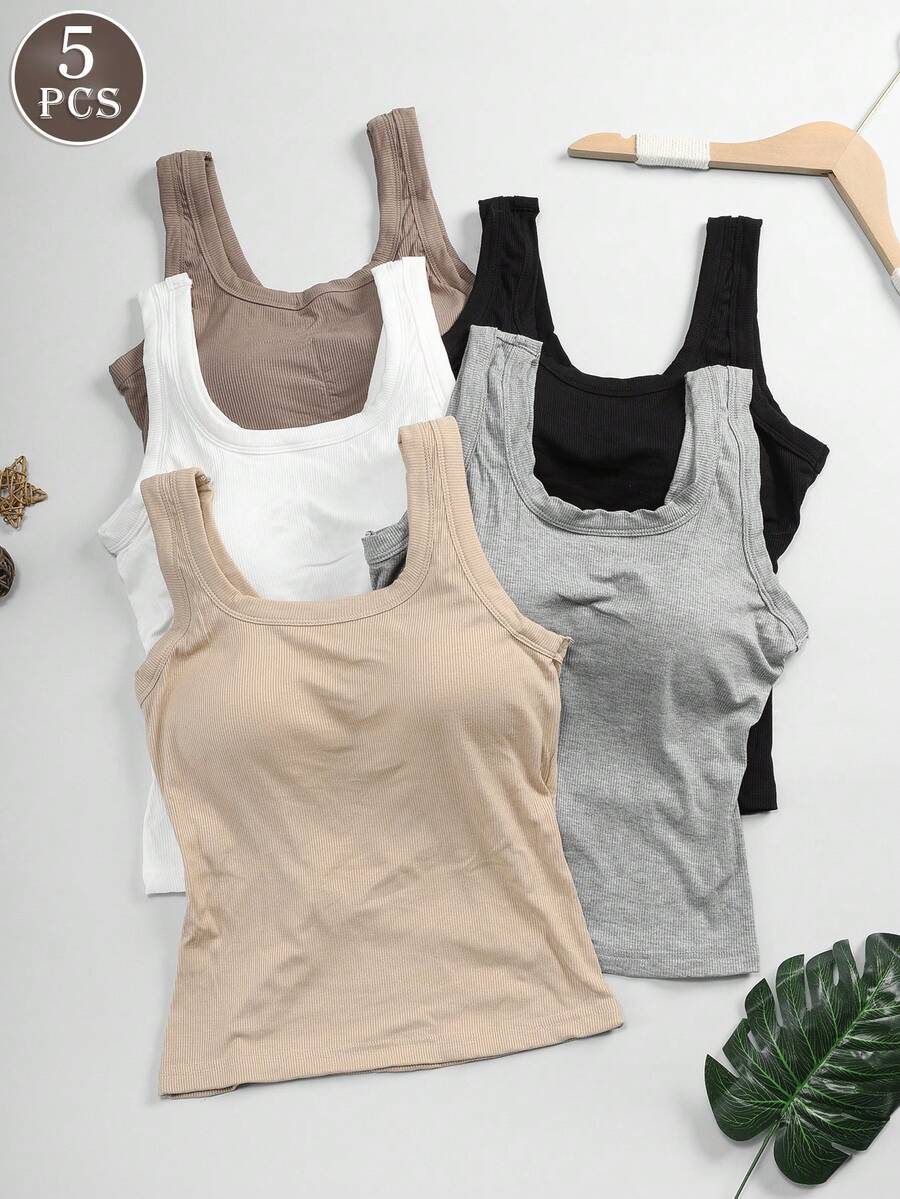 5pcs Seamless U-Back Ribbed Tank Tank Tops Women With Built-In Bras For Women, Solid Color Slim-Fit Essentials For Layering,, Exposed Shoulder Sleeveless For Spring Summer Fall Layering - Solid Color Machine-Washable, Beachwear & Casual, Summer Tops, Tank Tops - Nhiều màu - Xem 1