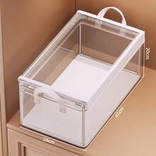1 pieza Caja de almacenamiento plegable con tapa, caja de almacenamiento transparente multifuncional de gran capacidad, caja de almacenamiento con asa, a prueba de polvo y humedad con cubierta, ahorro de espacio, fácil de organizar y almacenar, caja de almacenamiento multifuncional, organizador de almacenamiento transparente, caja de almacenamiento reforzada, adecuada para el hogar, dormitorio, armario y otras ocasiones, decoración del hogar, decoración de la habitación - transparente - Ver 11