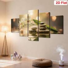 5 piezas de póster enmarcado, pintura en lienzo de orquídea zen y piedra, decoración enmarcada de madera para relajación, regalo del Día de la Madre, adecuado para la sala de estar, el estudio de yoga, el spa, el baño - perfecto para el rincón de meditación y los regalos festivos, decoración del hogar zen - Multicolor - Ver 2