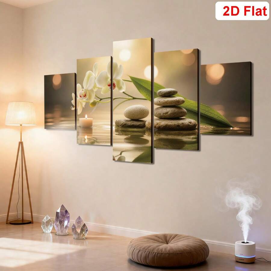 5 piezas de póster enmarcado, pintura en lienzo de orquídea zen y piedra, decoración enmarcada de madera para relajación, regalo del Día de la Madre, adecuado para la sala de estar, el estudio de yoga, el spa, el baño - perfecto para el rincón de meditación y los regalos festivos, decoración del hogar zen
