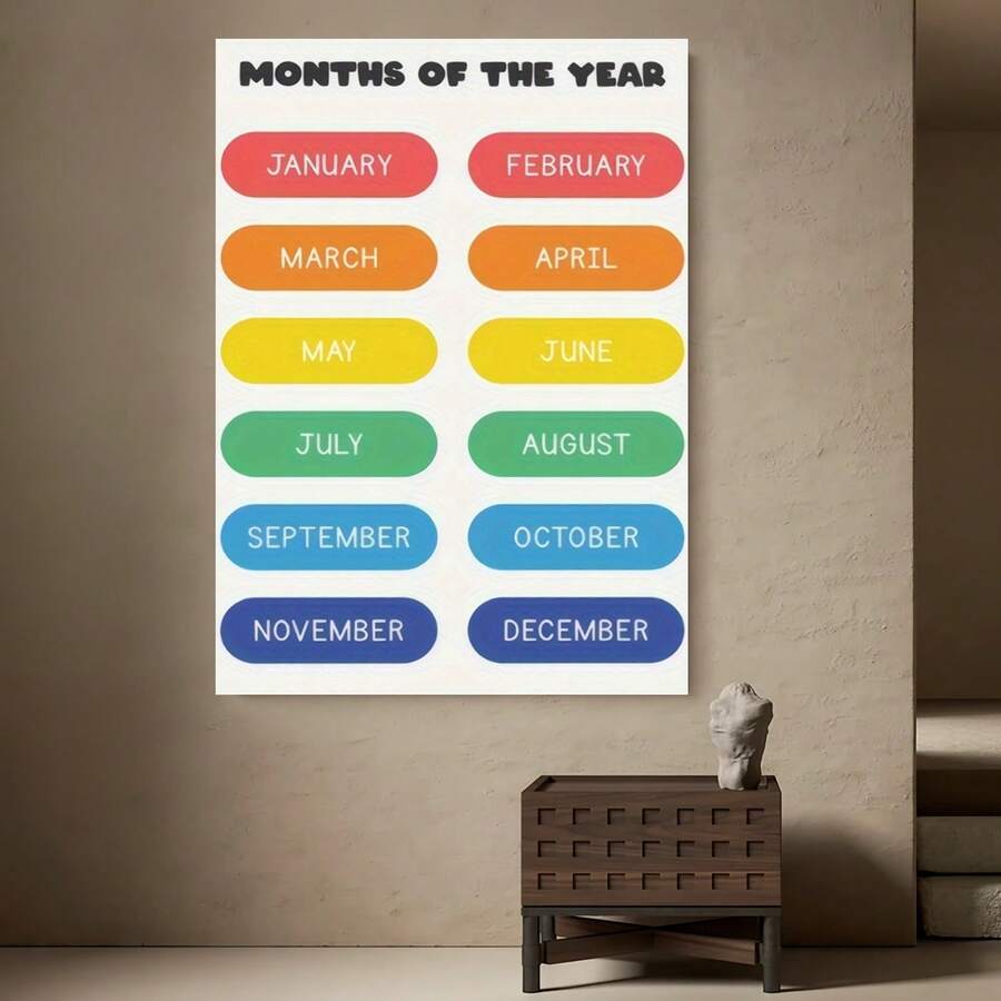 Framed Plano 2D, una pintura artística en lienzo envuelta en un marco de madera, que mide , con las palabras "MONTHS OF THE YEAR" en texto arriba, con 12 áreas ovaladas de colores ordenadas cuidadosamente debajo, cada una mostrando los nombres en inglés de los meses de enero a diciembre en - Enmarcado - Ver 1