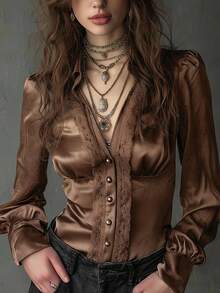 Elegant French Retro Design Lace Trim Flare Sleeve V-Neck Satin Blouse, Solid Color Button Front Lace Patchwork Women's Long Sleeve Shirt For Office Wear, Spring/Summer - Mocha Brown - View 8