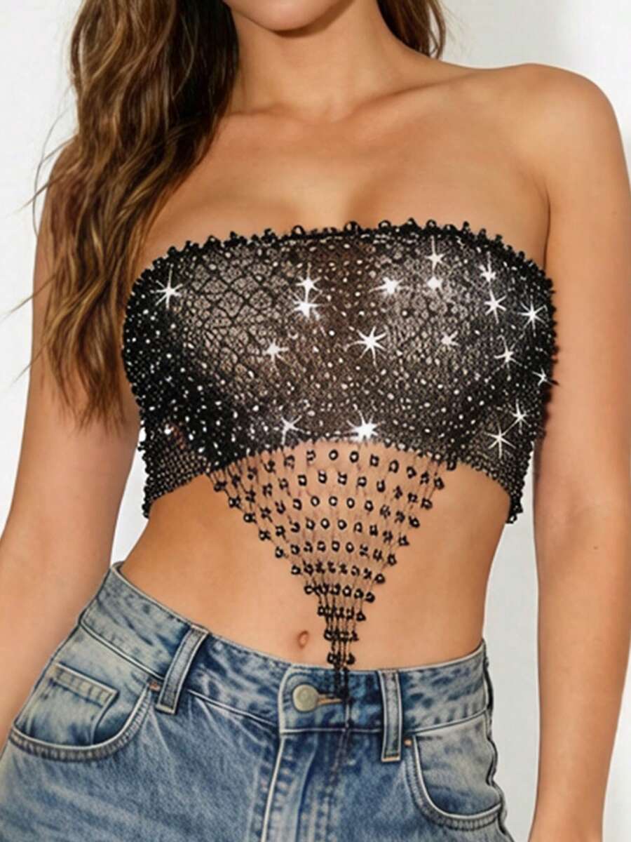 Tops cortos de tubo para mujer con dobladillo asimétrico, brillo, pedrería, rejilla, hombros descubiertos, estilo bandeau, camisas de verano sin espalda. - Negro - Ver 1