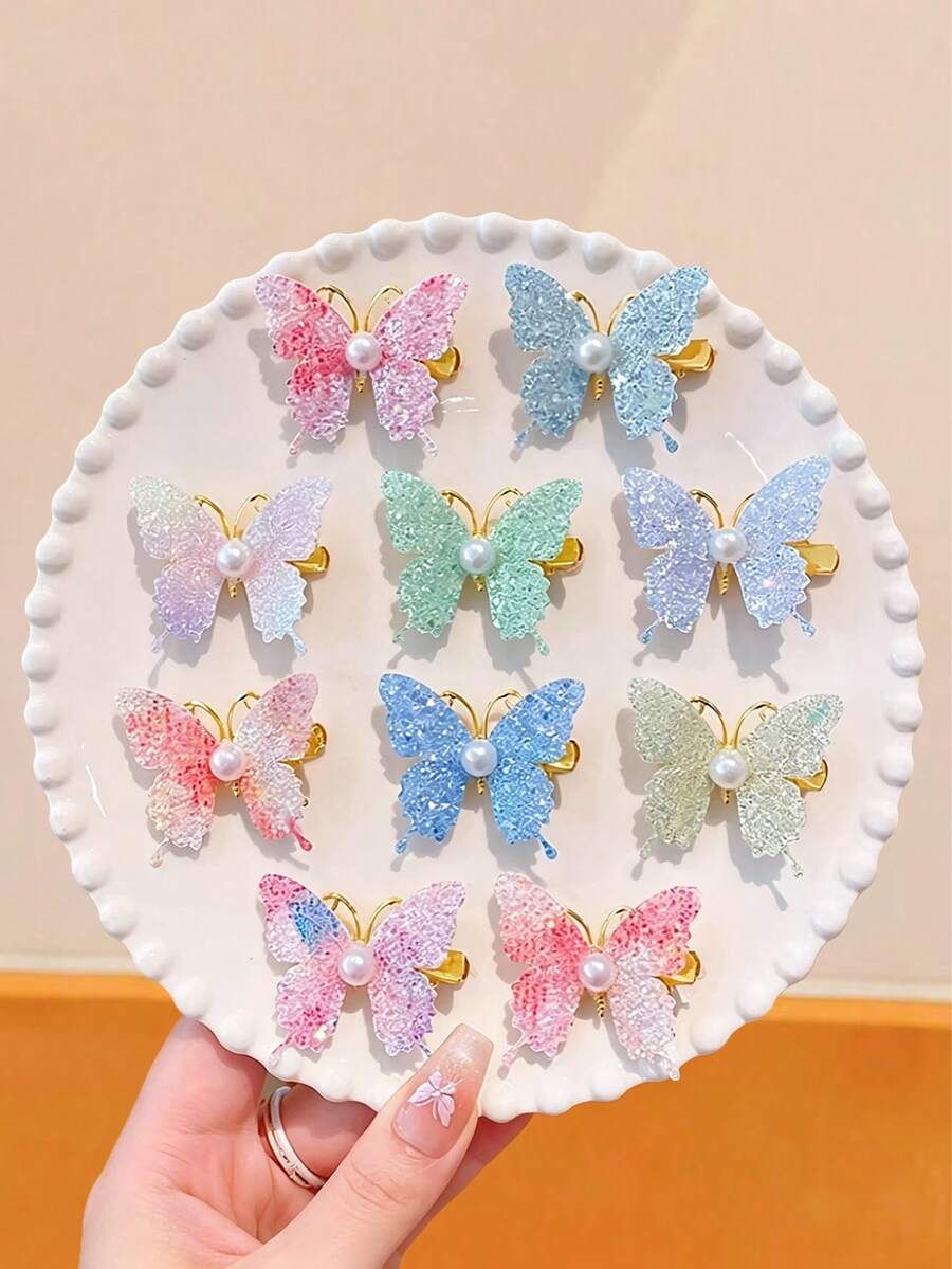 5/10/20 Stück bunte Farbverlauf Kunstglitzer Schmetterlinge zufällige Farben, süße, elegante 3D Haarspangen, Pony-Clips, Haarzubehör, Festival, Party - Verschiedenfarbig - Übersicht 1