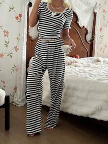 Spring & Autumn New Black & White Striped Long Sleeve Pajama Set, V-Neck Design + Ruffle Trim, Loose & Breathable Homewear, Girlish Vibe - Black and White - View 6