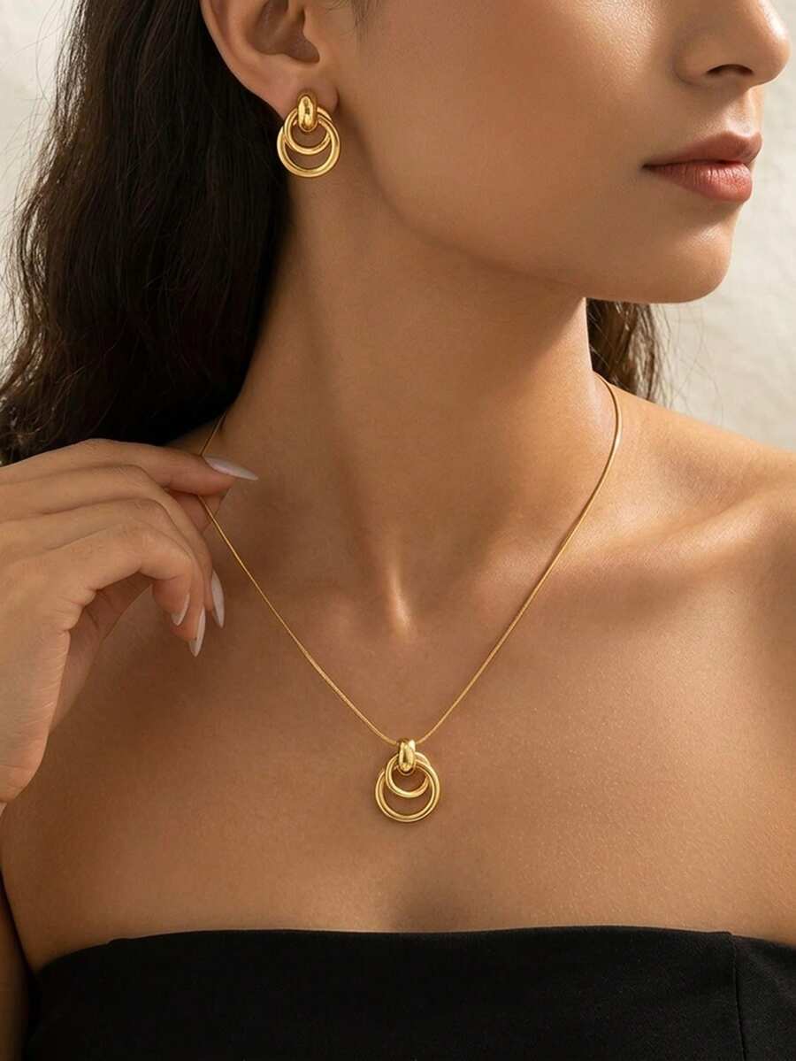 3pcs Elegant Autumn/Winter Jewelry Set: Geometric Double-Ring Pendant Necklace With Flat Snake Chain & Round Snake Chain Layered Choker, Fashionable Minimalist Metal Style, Suitable For Casual, Vacation, Exquisite & Versatile Accessory - Yellow Gold - View 1