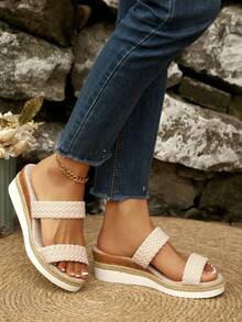 1 Pair Solid Color Casual Bohemian Beach Fashion Platform Wedge Sandals, Suitable For Party, Vacation, Beach, Festival In Summer - Beige - View 5