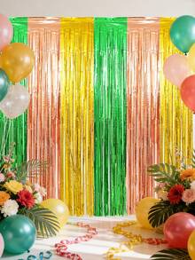 2pcs Pink, Green, Gold Fringe Curtain, Hawaiian Theme Tassel Curtain, Hawaiian Theme Party Backdrop Decoration, Hanging Decor, Summer Party Supplies, Photo Booth Props, Suitable For Birthday, Wedding, Bridal, Baby Shower, Anniversary, Summer Decor, Room, Home - Multicolor - View 5