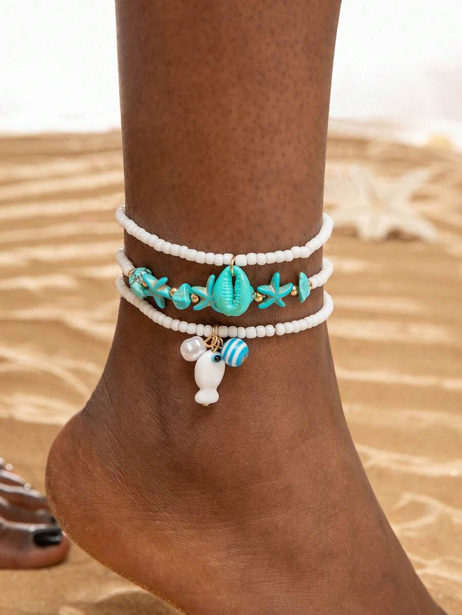 imoli Bộ 3 chiếc vòng chân hình cá phong cách Bohemian thời trang, làm từ hạt nhựa, đá và gốm, trang sức thủ công, thích hợp làm quà tặng cho phụ nữ đi biển, dự tiệc hoặc các buổi gặp gỡ xã giao.