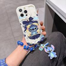 Disney Has Authorized, Phone Case - Chain Set, The Stitch Lilo & Stitch Phone Case Plus A Silicone 3D Or Fluffy Style Stitch Bracelet With Metallic Ring Removable Bracelet, Stitch And Angel Pattern, Compatible With Iphone 17/16/15/14/13/12/11/XS/XR/X Plus Pro Max, Wavy Design Phone Case For Girl, A Stylish Cartoon Summer Phone Case, The Perfect Gift Choice, Phone Protection, Durable Phone Cover, Great Gift For Friends And Family - 白色款式B - 查看 1
