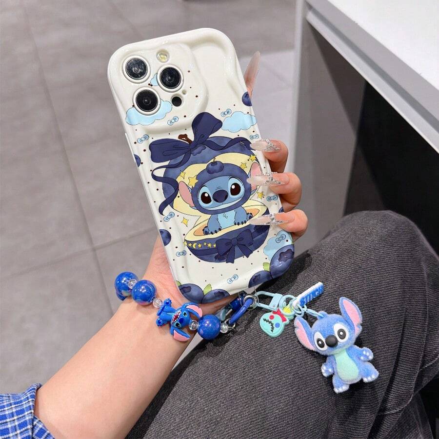 Disney Has Authorized, Phone Case - Chain Set, The Stitch Lilo & Stitch Phone Case Plus A Silicone 3D Or Fluffy Style Stitch Bracelet With Metallic Ring Removable Bracelet, Stitch And Angel Pattern, Compatible With Iphone 17/16/15/14/13/12/11/XS/XR/X Plus Pro Max, Wavy Design Phone Case For Girl, A Stylish Cartoon Summer Phone Case, The Perfect Gift Choice, Phone Protection, Durable Phone Cover, Great Gift For Friends And Family - 白色款式B - 查看 1