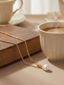 1pc French Elegant Teardrop Pearl Necklace, Gold Chain + Teardrop Pearl Pendant Design, Adjustable Length For Comfortable Wear, Suitable For Daily, Travel, Commute, Date, Flatters Neckline, Enhances Elegant Aura, Versatile Accessory, Refined Summer Outfit Essential, Unique Premium Gift For Mother's Day - Gold - View 2