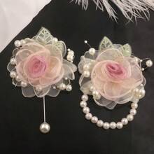 1朵/2朵韩式米色山茶花珍珠装饰胸花，适合新娘、伴娘、婚礼派对、舞会、日常花卉装饰，浪漫配饰，适用于婚礼、派对、活动、情人节、节日等场合，优雅别致。 - 766粉紅+綠葉 - 查看 3