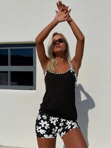 Women's Tankini Swimsuit Set, Two-Piece Tummy Control Design With Blouson Top And Matching Shorts - 23 - View 3