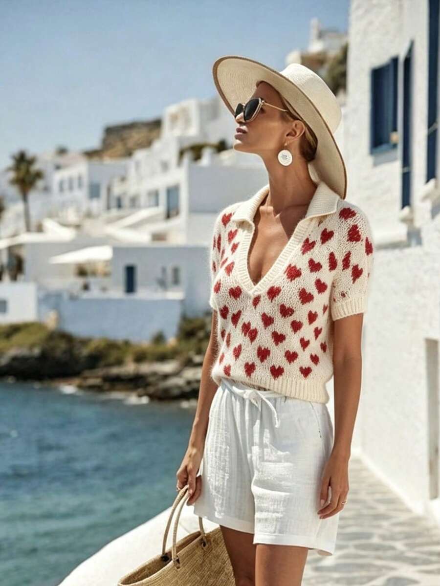 Fashionable Elegant Heart Pattern Collared V-Neck Short Sleeve Fitted Knit Top, Suitable For Spring/Summer Casual, Commute, Vacation - Apricot - View 1