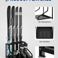 Estante de almacenamiento de esquís de acero para 4 pares – Organizador independiente de alta resistencia para esquís, tablas de snowboard, botas, bastones, cascos y gafas – Soporte multipropósito para equipo en garaje, sótano, vestíbulo o casa - negro - Ver 2