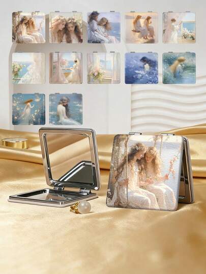 1pc Oil Painting Style Girl Series Portable Vanity Mirror, Foldable Lightweight Ultra-Thin Convenient Hand Mirror, Durable PU Leather, Suitable For All Occasions And People, Foldable Square Compact Mirror For Carrying