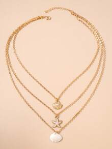 3 piezas Collar de múltiples capas con conchas y estrellas de mar de moda para el verano, collar gargantilla de uso diario para mujeres - conchas de estrellas de mar - Ver 11