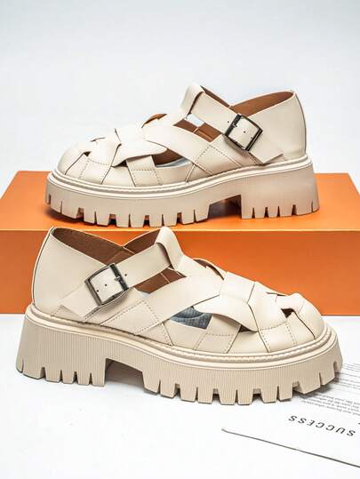 GAISIMA 1 Pair Men's Hollow Woven Design Roman Thick-Soled Sandals, Fashionable Buckle Strap Closed-Toe Shoes, Casual Daily Wear For Summer