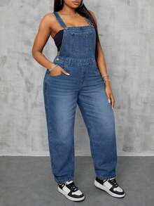 Plus Size Women's Washed Blue Loose Casual Denim Jumpsuit Vacation Spring - Blue - View 4