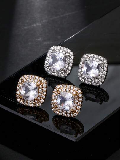 1 Pair Fashion Minimalist Hip-Hop Style Cubic Zirconia Stud Earrings, Gold/Silver Plated Square Shape, Suitable For Men And Women Daily Wear, Great Gift Choice, Eid Al-Adha Distribution