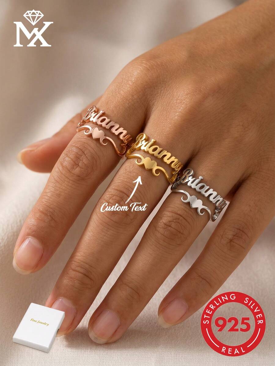 Nhẫn hình trái tim bằng bạc 925 cao cấp, khắc tên tiếng Anh theo yêu cầu, thiết kế hở thanh lịch, phù hợp đeo hàng ngày và các dịp đặc biệt như kỷ niệm, ngày Valentine, quà tặng Ngày của Mẹ, trang sức thời trang nữ. - Nhiều màu - Xem 1