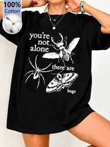 Women's Summer Letter Insect Print Casual Simple Loose Fashionable Comfortable Street Style Pure Cotton Short Sleeve Round Neck Loose T-Shirt Tops Black - Black - View 5