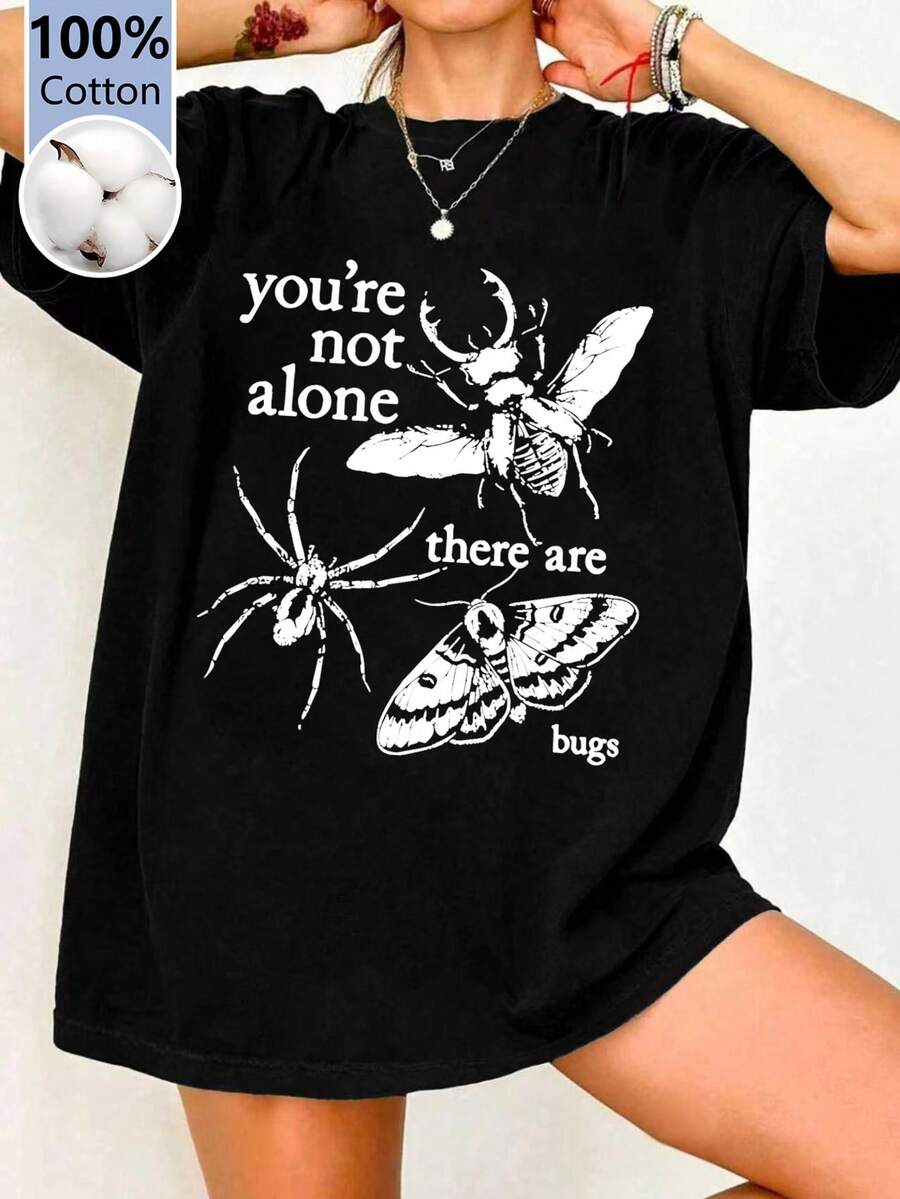 Camiseta suelta de manga corta, cuello redondo, de algodón puro, de estilo callejero, cómoda y con estampado de letras e insectos, de moda informal para mujer en verano, color negro - Negro - Ver 1