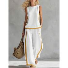 2026 New Sleeveless Contrasting Color Wide-Leg Pants Set Women's Summer Casual Fashion Two-Piece Set - Navy Blue - View 7