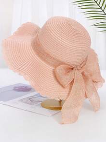 1pc Girls' White Wavy Beach Sun Hat With Bow, Elegant UV Protection Hat Suitable For Beach, Travel, Vacation, Boho Style - 1PC - View 11