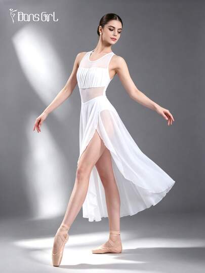 DonsGirl 1 szt. Romantyczna elegancka sukienka damska – kostium baletowy do tańca nowoczesnego/klasycznego, strój do występów teatralnych, koronkowa falbana i rozciągliwa spódnica z siateczki premium, biała, sportowa, wiosenna