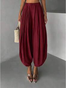 Women Harem Pants Elastic High Waist Loose Casual Wide Leg Tapered Ankle Pants Lightweight Lounge Pants - 酒紅色 - 查看 5