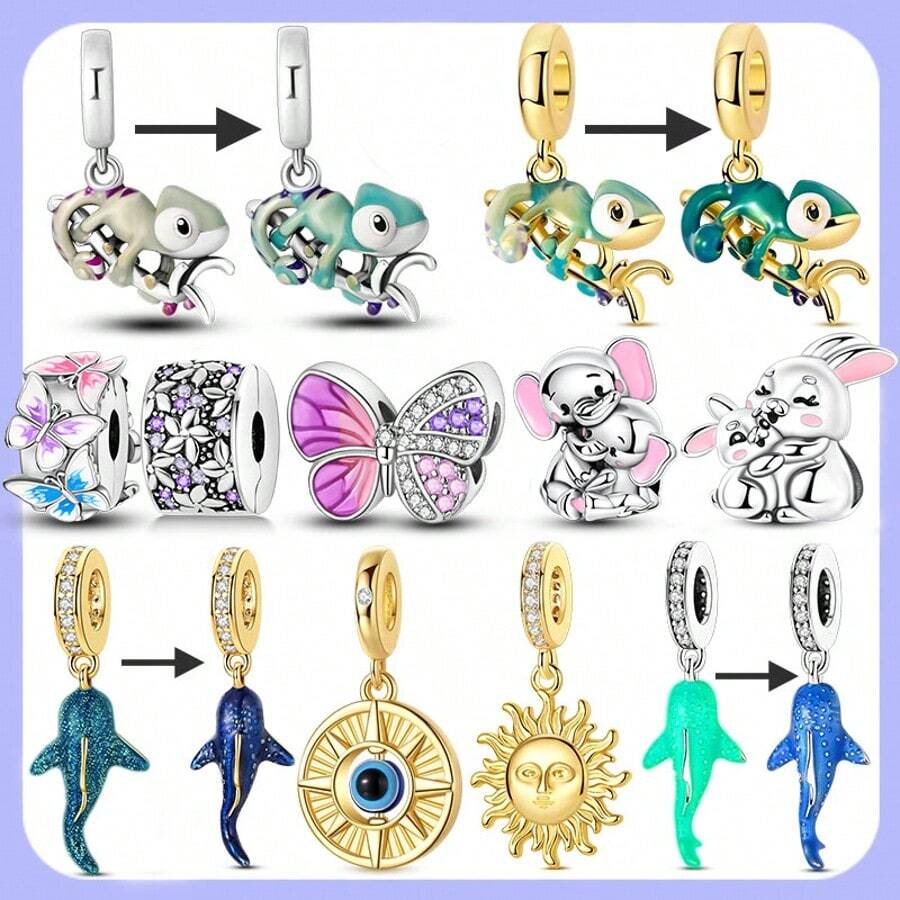 Original Nature-Style Charms, Sun Beads Pendants: Golden Chameleon, Luminous Whale Shark, Butterfly, Elephant, And Bear Charms Fit Bracelet, Necklace - Gold Or Silver - View 1