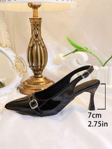 Giày cao gót nữ mũi nhọn, kiểu dáng thanh lịch, quai cài, chất liệu bóng, kiểu slingback, gót nhọn, màu đen, phù hợp cho công sở và hẹn hò. - màu đen - Xem 4